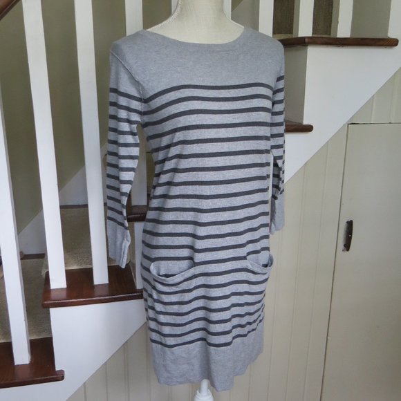 RAG & BONE Striped Knit Cotton Dress - MEDIUM - Pockets Gray Black - Picture 1 of 11